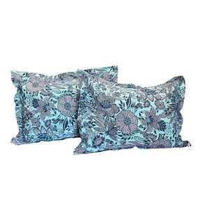 Lands' End Home Blue Radiance Pillow Shams (2) 100% Cotton Floral Turquoise Navy